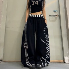 批发美式街头撞色条纹拼接双腰头松紧休闲卫裤男女阔腿弯刀跳舞<b class='q'>运动</b>裤