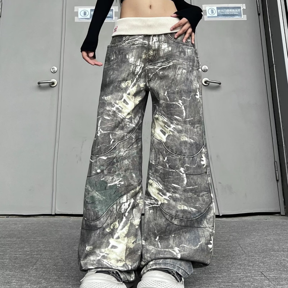 아메리칸 높음 거리 카모플라주 바지 여성 가을 새로운 루즈핏 레트로 스트레이트 캐주얼 바지 악당 잘 생긴 일본식 롱 바지