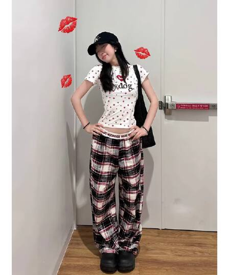 아메리칸 레트로 체크무늬 캐주얼 바지 여성 새로운 배색 체크무늬 루즈핏 도루 센스 와이드 레그 팬츠 스트레이트 바닥 청소 바지