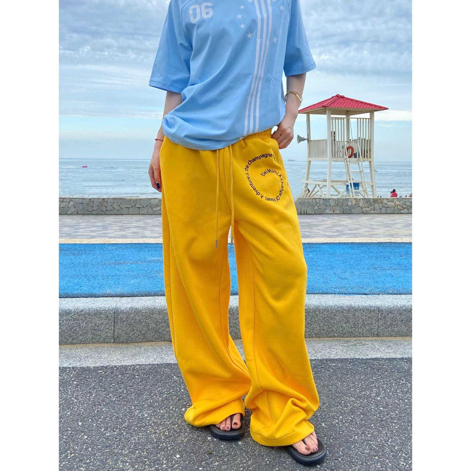 도파민 착용 가져 가라. 황색 별 소용돌이 치기 웨이 바지 남녀 도루 센스 루즈핏 캐주얼 스트레이트 hiphop 스트리트 댄스 바지