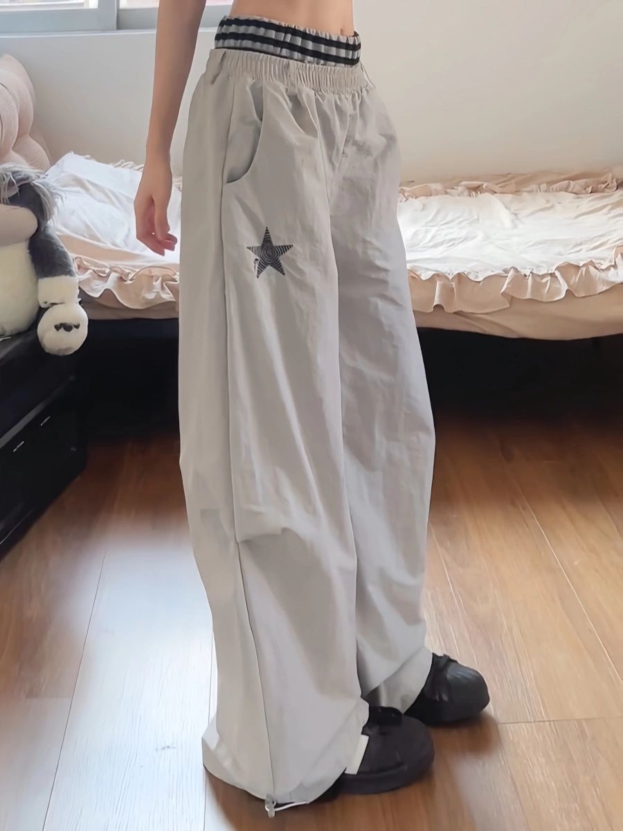 아메리칸 스트라이프 더블 허리 머리 패치워크 주름 모통이 칼 낙하산 병 바지 여성 봄 새로운 루즈핏 와이드 레그 팬츠