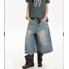 批发美式OOTD七分<b class='q'>牛仔裤</b>女夏季新款高腰大码胖mm显瘦宽松直筒阔腿短裤