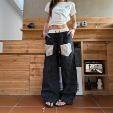 批发美式复古贴布口袋格子裤男女直筒宽松运动慵懒情侣休闲长裤