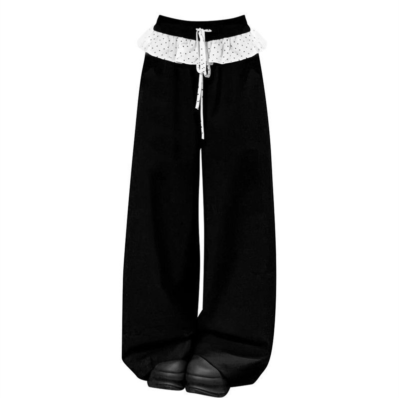 빅 사이즈 200 kg 아메리칸 레이스 레이스 패치워크 캐주얼 바지 여성 루즈핏 슬림해 보이는 스트레이트 넓은 다리 길이 바지 봄 여름