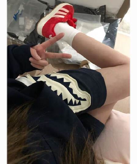 원본 홀치기 염색 공예 상어 오픈 토 패치 반바지 남녀 조수 브랜드 캐주얼 스트레이트 팬츠 운동 웨이 바지 오부 바지