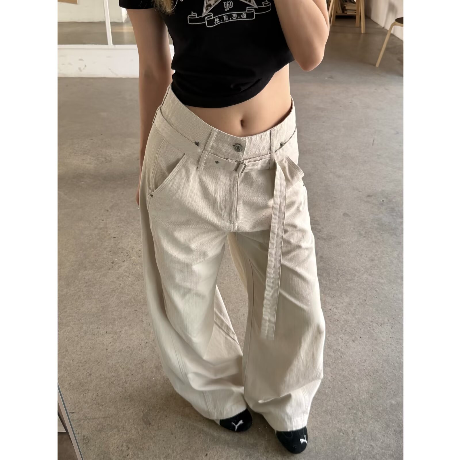 봄 아메리칸 레트로 워싱 면 100% 모통이 칼 바지 남녀 같은 단락 미니멀리즘 다용도 넓은 다리 캐주얼 바지 긴 바지