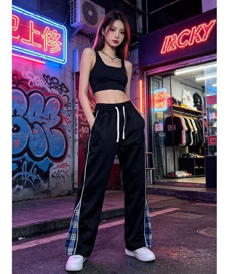 2026 새로운 체크무늬 패치워크 디자인 센스 캐주얼 바지 남녀 루즈핏 부츠컷 운동 웨이 바지