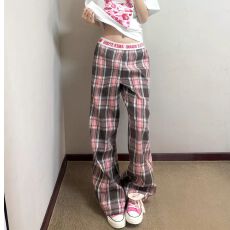 批发大码美式复古腰头拼接粉色格子裤<b class='q'>男</b>女新款格纹宽松显瘦直筒长裤子