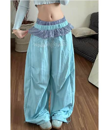 좋은 품질 아메리칸 핫걸 체크무늬 레이스 더블 허리 머리 패치워크 속도 건조한 모통이 칼 바지 도파민 색상 와이드 레그 팬츠
