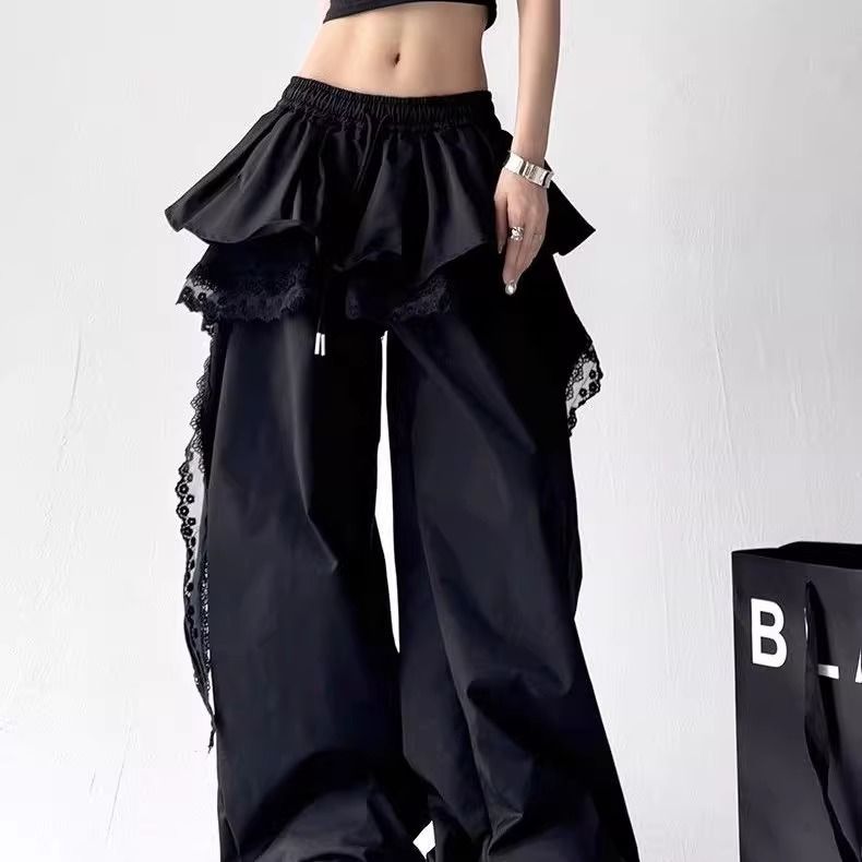 좋은 품질 달콤한 차가운 레이스 조각 스택 착용 치마 워크웨어 캐주얼 바지 핫걸 디자인 센스 루즈핏 넓은 다리 바닥 청소 바지