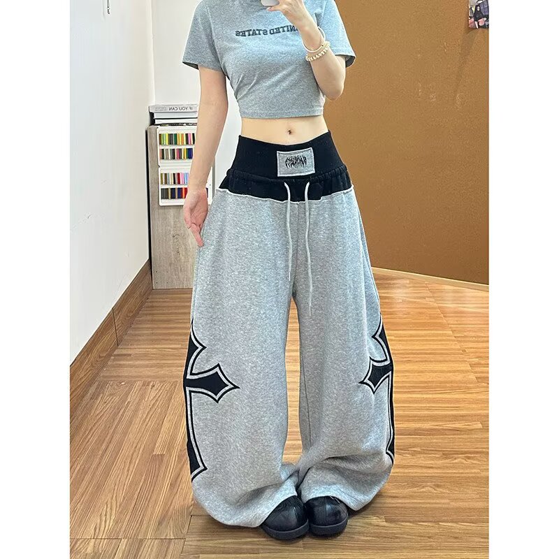 아메리칸 무거운 작업 십자가 자수 패치워크 운동 웨이 바지 여성 거리 디자인 센스 루즈핏 캐주얼 스트레이트 와이드 레그 팬츠