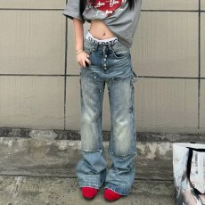 批发春秋季美式休闲痞帅水洗复古浅蓝色牛仔裤男直筒宽松高街阔腿裤子