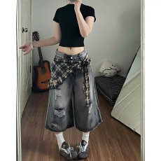 批发2026<b class='q'>夏</b>季新款美式设计感显瘦七分裤女高腰宽松休闲运动百搭阔腿裤