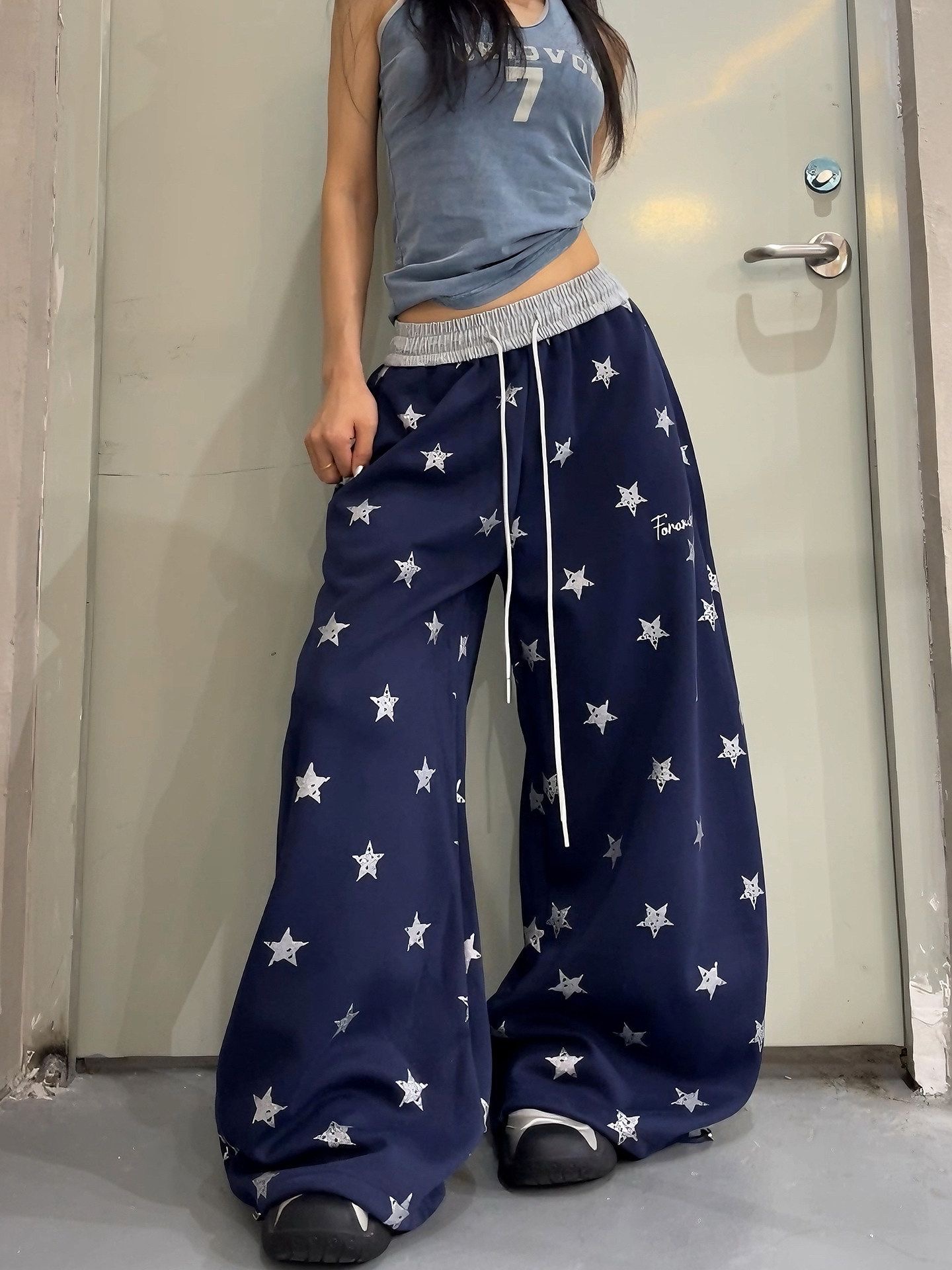 아메리칸 거리 재즈 댄스 전체 인쇄 별 배색 넓은 다리 펌프 로프 모통이 칼 웨이 바지 여성 다용도 루즈핏 바닥 청소 캐주얼