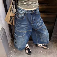 批发春<b class='q'>夏</b>复古水洗蓝七分牛仔裤男女款高腰阔腿裤宽松直筒