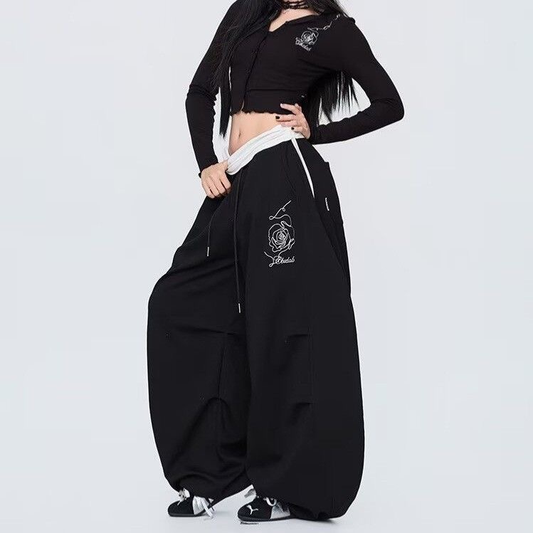 스트리트 댄스 아메리칸 웃음 하 패치워크 색상 허리 머리 디자인 센스 장미 캐주얼 재즈 댄스 모통이 칼 바지 여성 여름 캐주얼 와이드 레그 팬츠