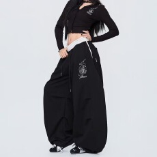 批发街舞美式<b class='q'>嘻哈</b>拼色腰头设计感玫瑰休闲爵士舞弯刀<b class='q'>裤</b>女夏休闲阔腿<b class='q'>裤</b>