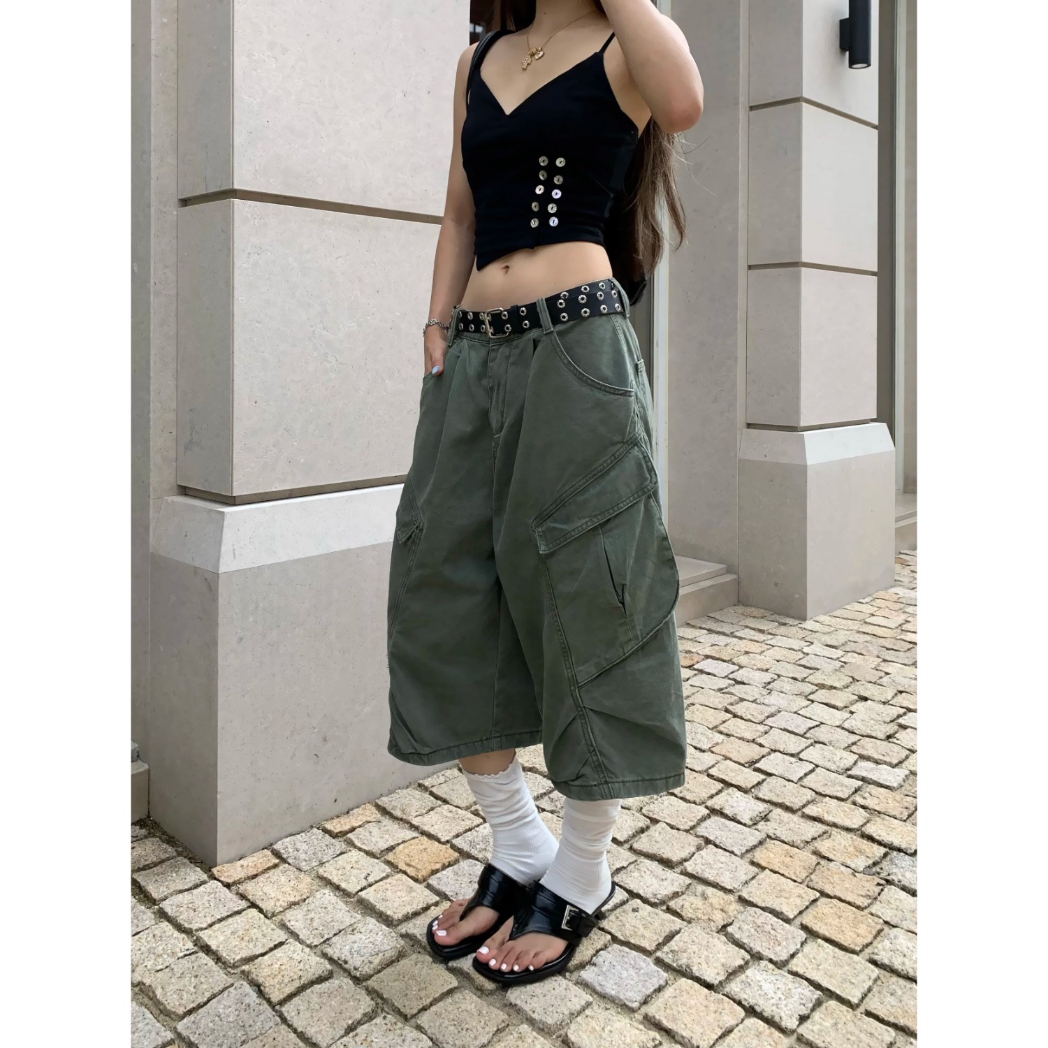 아메리칸 워싱 마 오래된 주름 워크웨어 7부 바지 남녀 루즈핏 기타 주머니 다용도 캐주얼 반바지
