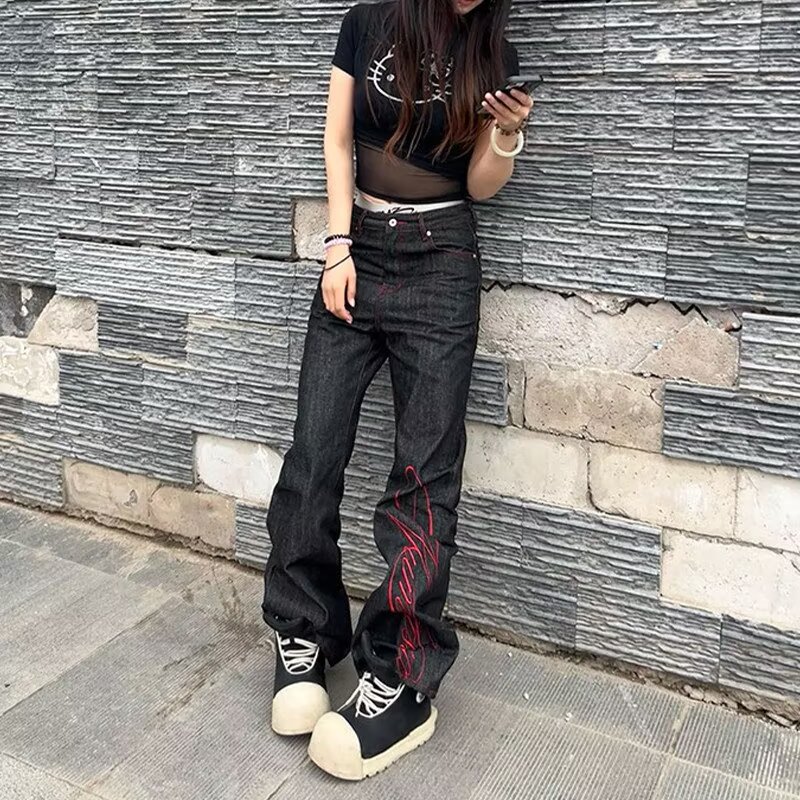 자수 검정색 청바지 남자 스트레이트 루즈핏 아메리칸 높음 거리 바지 트렌드 다용도 슬림해 보이는 부츠컷 바지