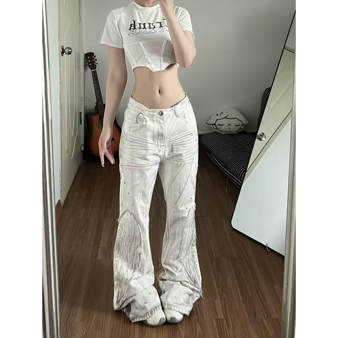 아메리칸 작은 대중 칼 절단 파괴 마 더러운 화이트 모통이 칼 청바지 남자 cleanfit 스트레이트 와이드 레그 팬츠