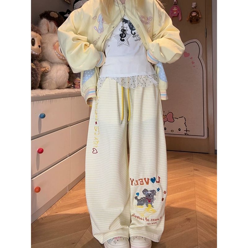 s-6xl 귀여운 강아지 자수 스트라이프 웨이 바지 여성 여름 루즈핏 느긋한 도루 센스 재즈 댄스 넓은 다리 캐주얼 바지