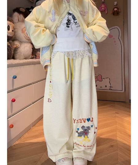 s-6xl 귀여운 강아지 자수 스트라이프 웨이 바지 여성 여름 루즈핏 느긋한 도루 센스 재즈 댄스 넓은 다리 캐주얼 바지