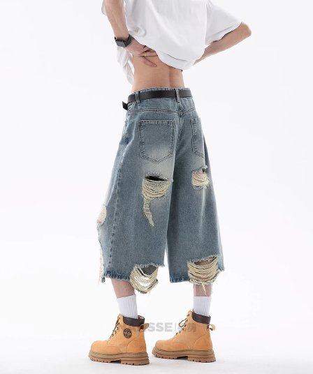 아메리칸 레트로 하이웨이스트 찢어진 부분 청바지 여름 높음 거리 디자인 센스 루즈핏 슬림해 보이는 도루 센스 넓은 다리 7부 바지