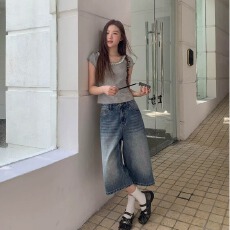 批发夏新款高街复古水洗直筒牛仔<b class='q'>裤</b>女设计感<b class='q'>宽松</b>垂感高腰阔腿七分<b class='q'>裤</b>
