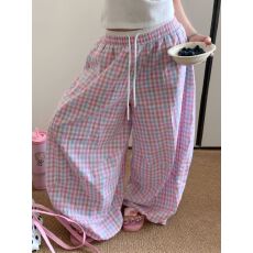 批发韩系撞色格子<b class='q'>阔腿裤</b>女夏透气垂感显瘦小个子休闲居家外出<b class='q'>宽松</b>长<b class='q'>裤</b>
