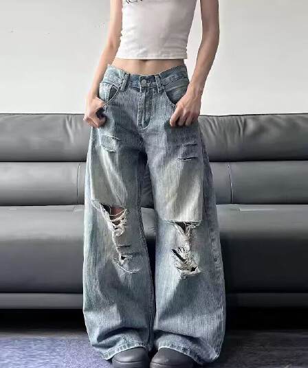 아메리칸 레트로 핫걸 청바지 여성 작은 대중 루즈핏 슬림해 보이는 스트레이트 넓은 다리 바닥 청소 바지