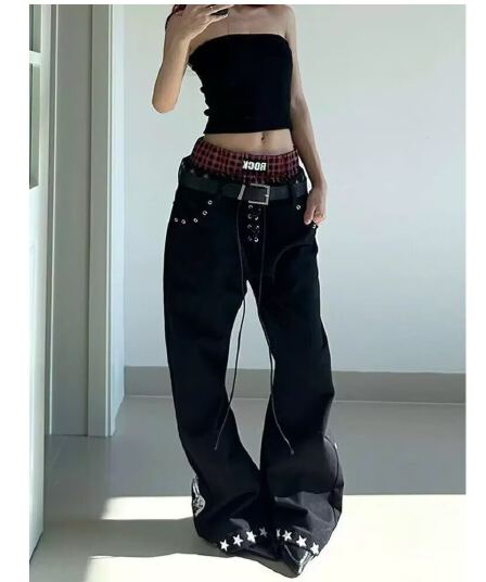 검정색 아메리칸 알파벳 프린트 더블 허리 남녀 펌프 로프 배색 청바지 트렌디 유럽과 미국 높음 거리 넓은 다리 바닥 청소 바지