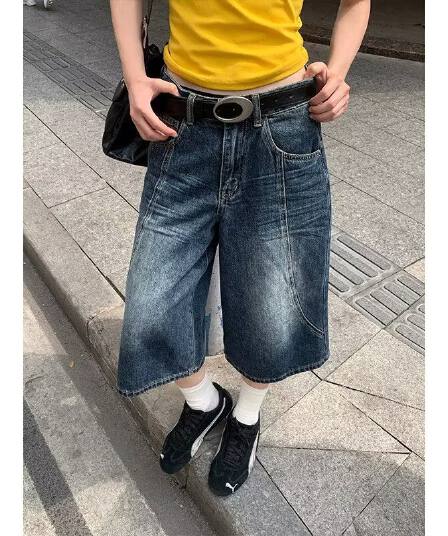 아메리칸 레트로 블랙 회색 데님 바지 여성 여름 새로운 하이웨이스트 작은 키 스트레이트 와이드 레그 팬츠 7 점 바지