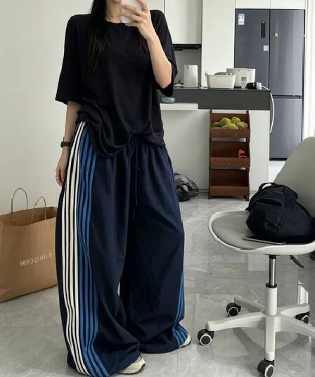 조수 브랜드 레트로 스트라이프 스트레이트 캐주얼 바지 남녀 거리 루즈핏 트렌드 다용도 루즈핏 캐주얼 도루 센스 긴 바지