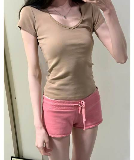 원본 원단 콩 페이스트 색상 펌프 로프 작은 키 웨이 바지 여름 몸매 가꾸기 슬림해 보이는 짧은 바지 트렌디