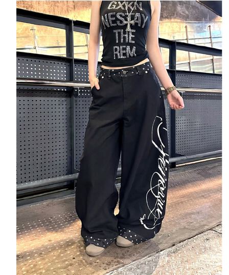 알파벳 프린트 모통이 칼 청바지 서해안 아메리칸 바지 높음 거리 느슨함 센스 루즈핏 스트레이트 와이드 레그 팬츠