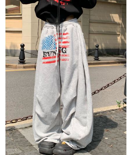 아메리칸 레트로 알파벳 프린트 운동 웨이 바지 남녀 느긋한 바람 넓은 다리 캐주얼 긴 바지