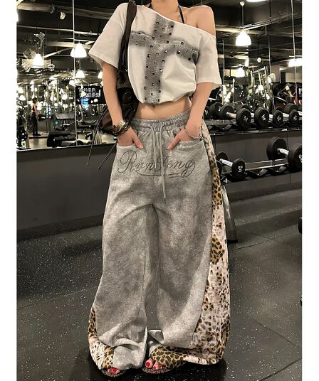 아메리칸 레트로 레오파드 무늬 패치워크 와이드 레깅스 바지 여름 루즈핏 슬림해 보이는 마 오래된 펌프 로프 캐주얼 바지 커플