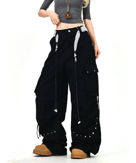 조수 브랜드 3 차원 자르기 패치워크 워크웨어 버드 나무 못 워크웨어 캐주얼 바지 남녀 2026 봄 새로운 루즈핏 bf 와이드 레그 팬츠