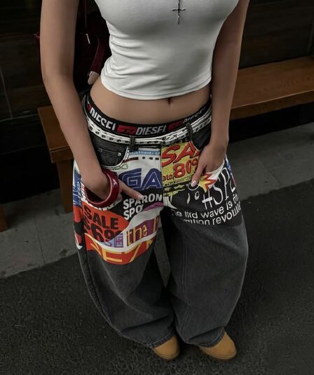 봄 가을 아메리칸 레트로 워싱 청바지 남녀 커플 루즈핏 캐주얼 다용도 스트레이트 프린트 넓은 다리 길이 바지