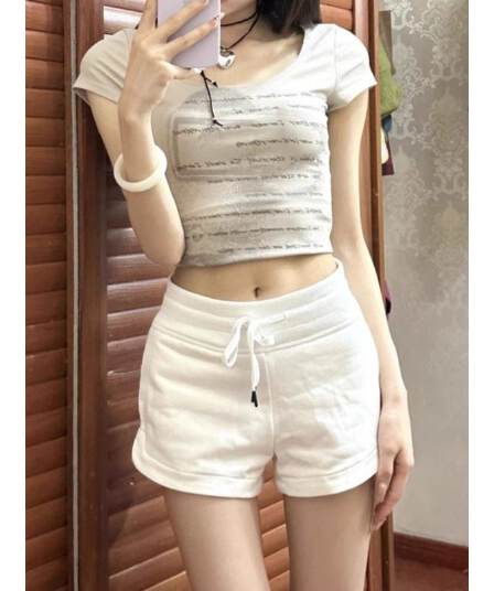후아 면 복합 우유 실크 화이트 웨이 바지 반바지 여성 아메리칸 펌프 로프 운동 외출용 캐주얼 작은 키