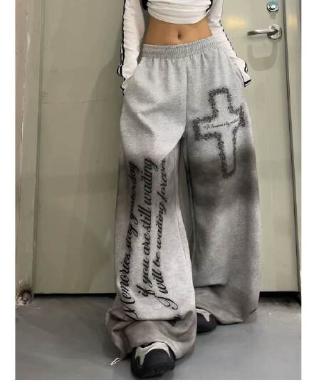 아메리칸 높음 거리 더러운 염색 십자가 알파벳 프린트 넓은 다리 모통이 칼 웨이 바지 여성 재즈 댄스 도루 센스 캐주얼 바지 트렌디