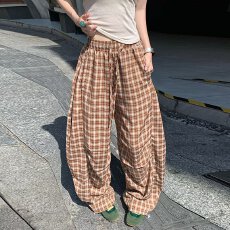 批发情侣格子慵懒<b class='q'>休闲</b>裤男女夏季宽松阔腿裤日系百搭直筒长裤