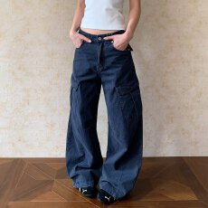 批发美式高街多口袋弯刀工装牛仔裤男女设计感宽松直筒<b class='q'>休闲</b>长裤潮