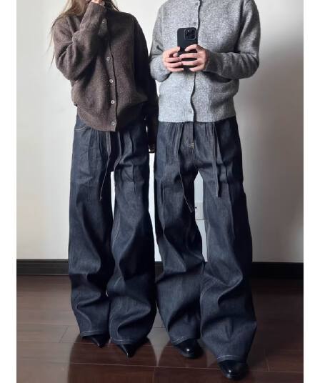 아메리칸 레트로 루즈핏 워싱 더블 Pleat 스트랩 디자인 청바지 고급 센스 스트레이트 다용도 캐주얼 바지 ins