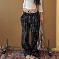 批发美式复古双腰头拼接抽绳格子休闲裤男女款百搭宽松直筒松紧腰长裤