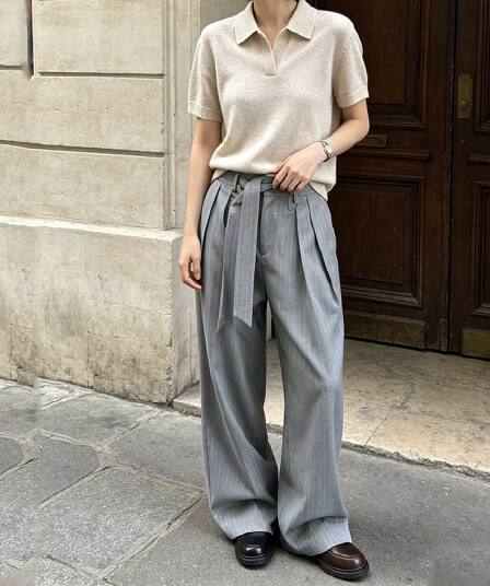 슬림해 보이는 도루 센스 루즈핏 슬랙스 여성 2025 가을 새로운 얇은 모직 하이웨이스트 스트랩 와이드 레그 팬츠