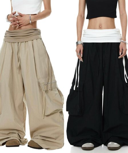 여름 아메리칸 뒤집다 허리 패치워크 펌프 Pleat 디자인 센스 낙하산 병 워크웨어 팬츠 남녀 재즈 춤추기 와이드 레그 팬츠 캐주얼 바지