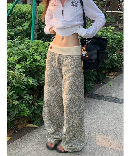 아메리칸 레트로 하이웨이스트 루즈핏 와이드 레그 팬츠 레오파드 무늬 모통이 칼 바지 다용도 봄 도루 센스 낫 캐주얼 바지 여성