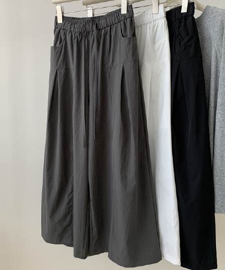 허리밴드 디자인 센스 펌프 Pleat 와이드 레깅스 바지 여름 새로운 한 부서 패션 느긋한 느슨함 속도 건조한 9 포인트 캐주얼 바지