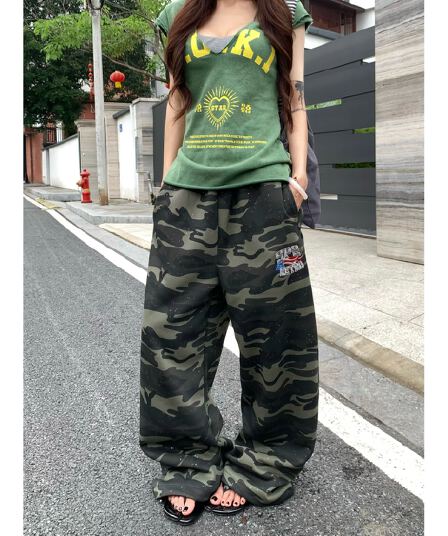 아메리칸 레트로 카모플라주 루즈핏 넓은 다리 캐주얼 바지 여성 2026 여름 거리 스트레이트 운동 긴 바지